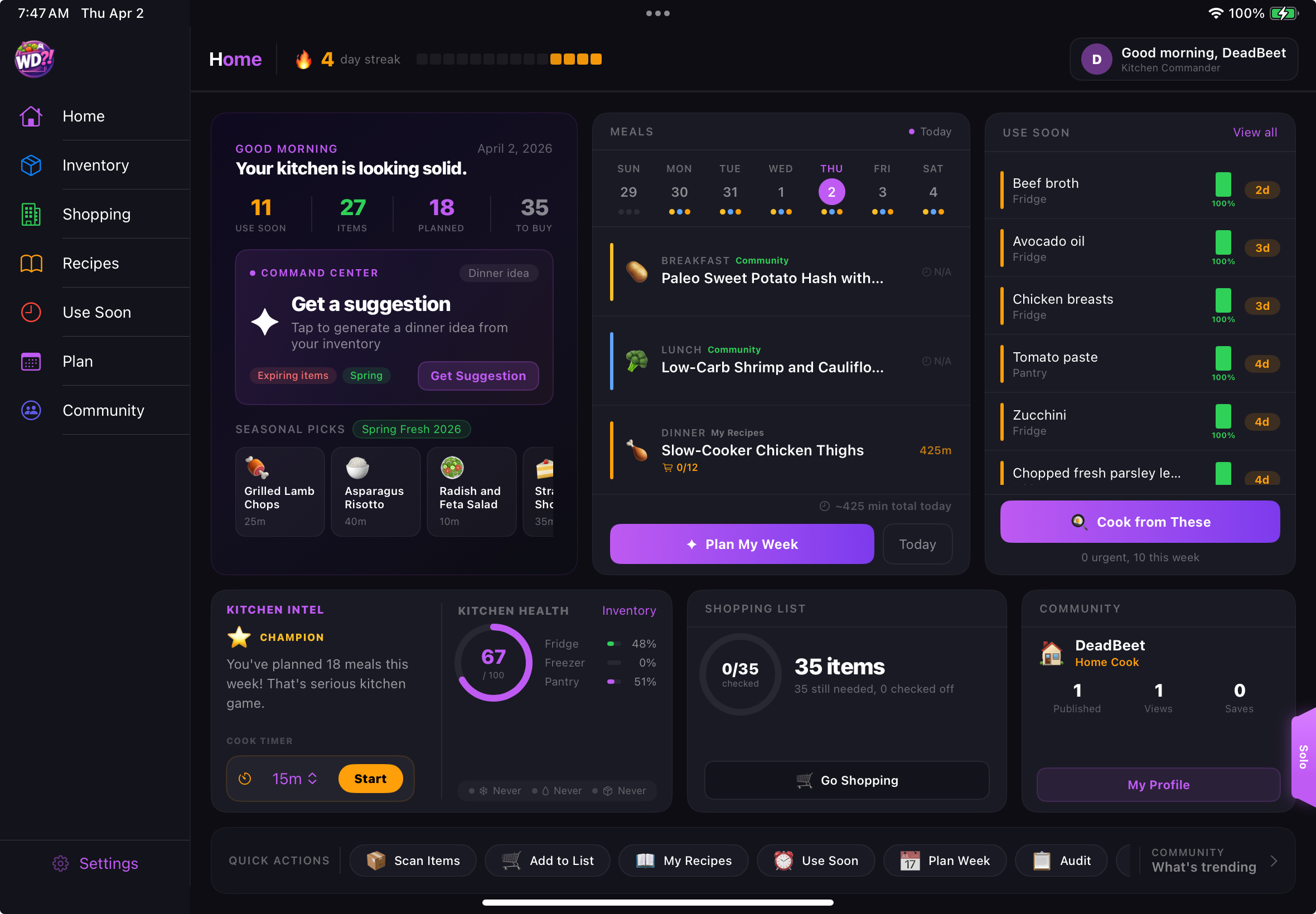 WhatDo on iPad showing the Home dashboard