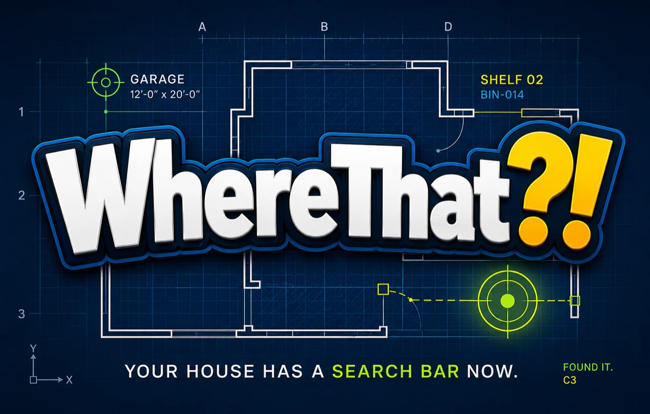 WhereThat?! brand art: a house drawn as a blueprint with a search bar